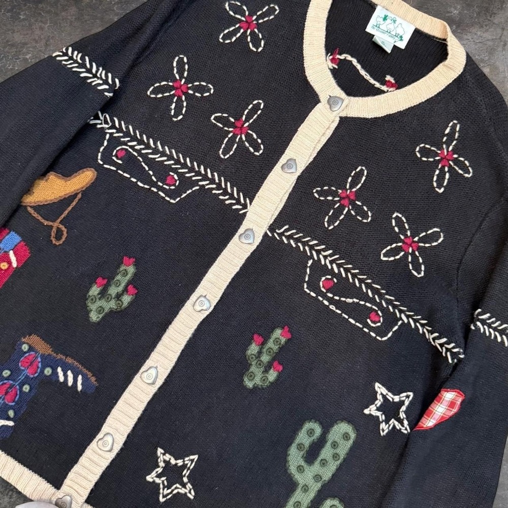 Vintage Quacker Factory Western Novelty Cardigan Women's 1X Cowgirl Artsy 1990s
